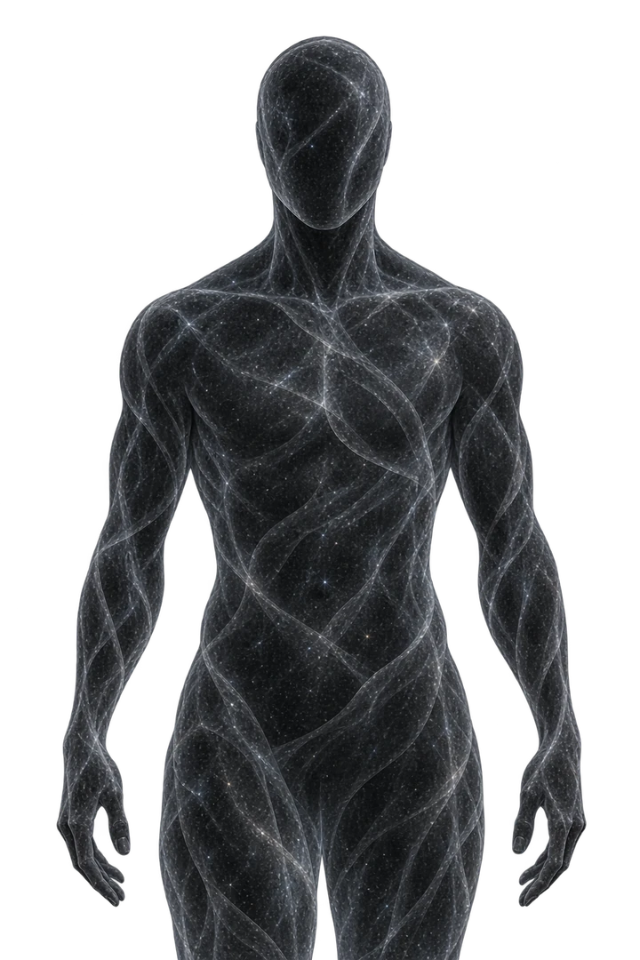 Ritratto dell’Astrologo: una figura astrale maschile, scura e traslucida, attraversata da tracce di luce.